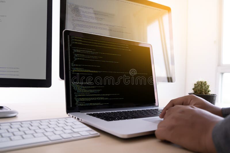 Programmer working Developing programming technologies Web Design Online Technology stock image