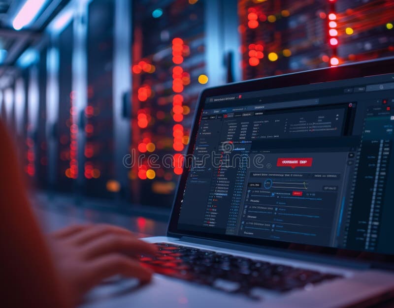 Programmer working on laptop with software in datacenter with servers royalty free stock images