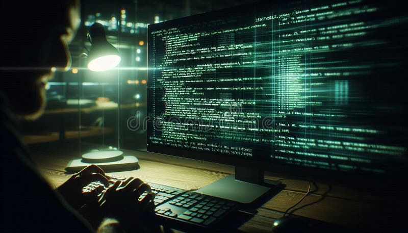 Programmer Working Late at Night with Computer Code Stock Illustration ...