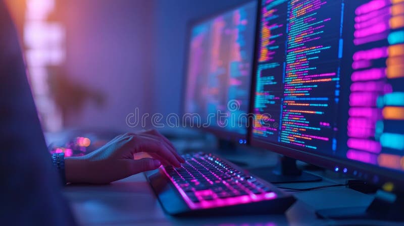 Programmer Working Late at Night on Dual Monitors with Colorful Code Displayed. A dedicated programmer works late at night, illuminated by vibrant screens filled with code, showcasing a modern workspace that embodies creativity and technology