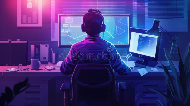 Programmer Working Late at Night in a Tech-Enhanced Office Stock Image ...