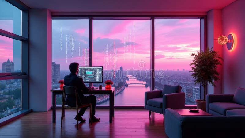 Programmer Working in Modern Apartment with City View at Sunset vector illustration