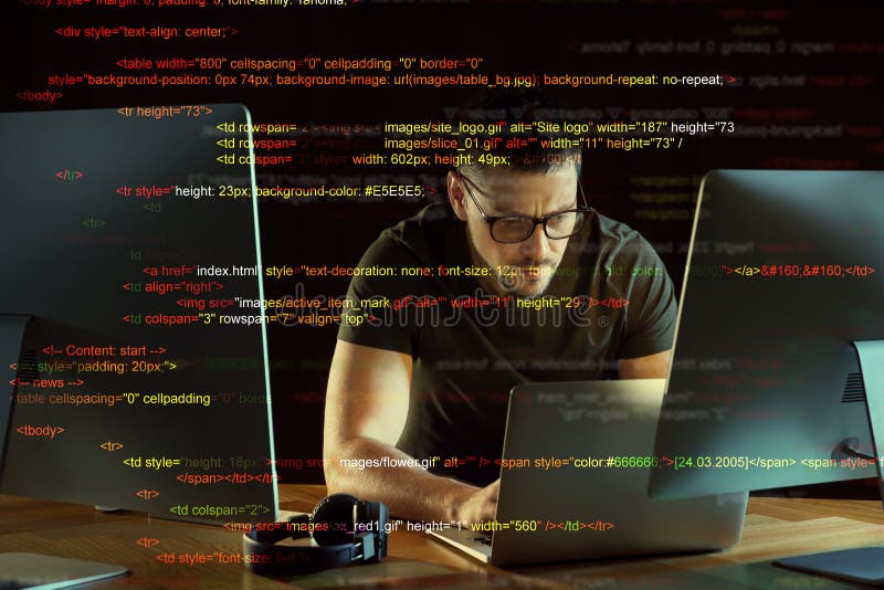 Programmer working in modern office at night vector illustration