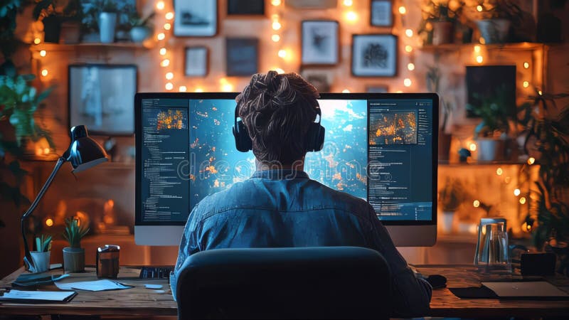 A Programmer Working on a Multi-screen Setup in a Cozy Workspace with ...