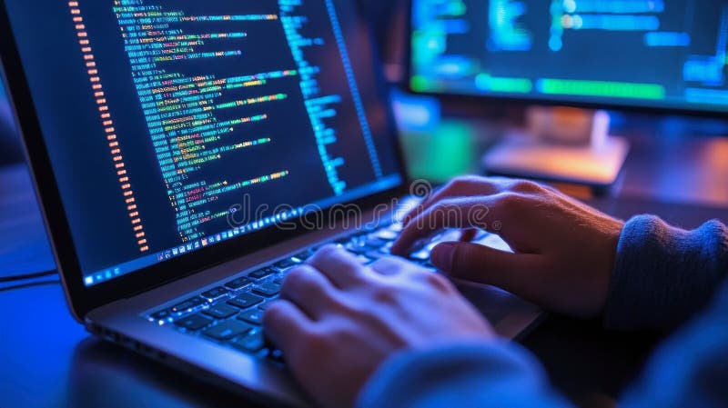 A Programmer Coding Late at Night in a Dimly Lit Workspace Surrounded ...