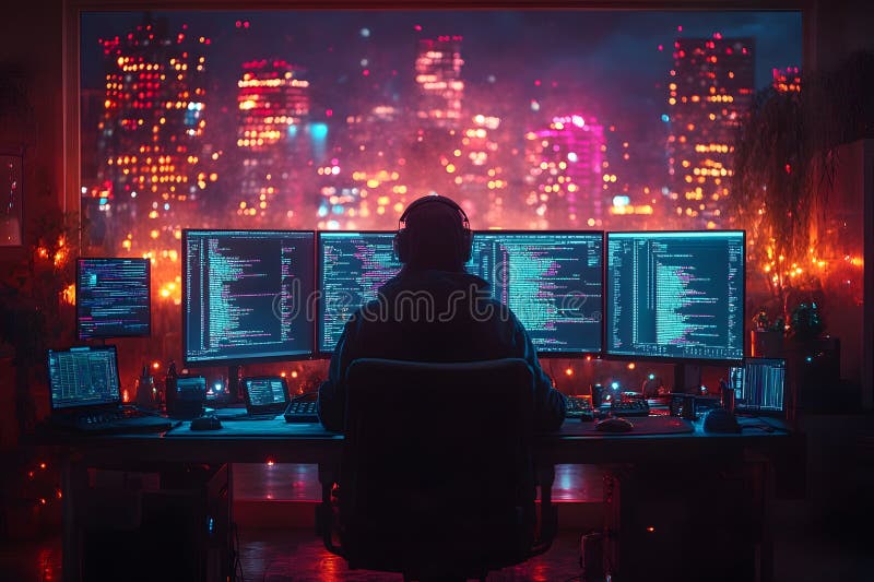 Futuristic Nighttime Coding Session in Urban Setting for Technology Design Generative AI vector illustration