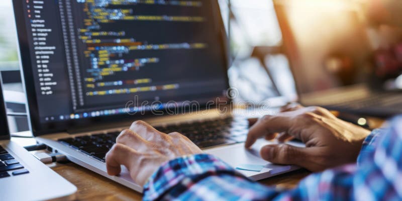A programmer writing code, fingers flying across the keyboard, focus and concentration stock photo