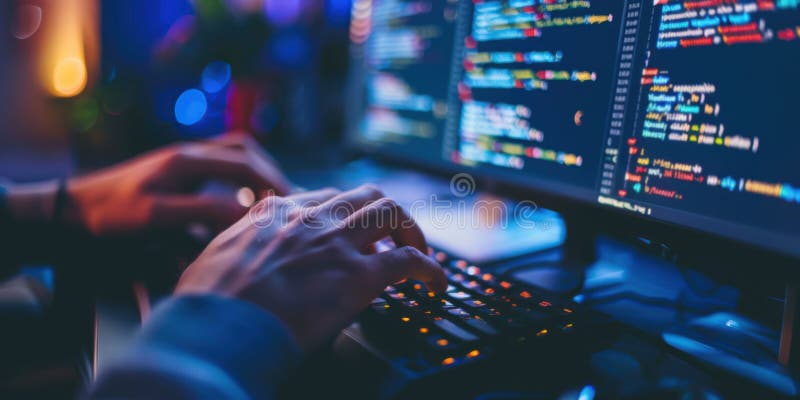 A programmer writing code, fingers flying across the keyboard, focus and concentration stock images