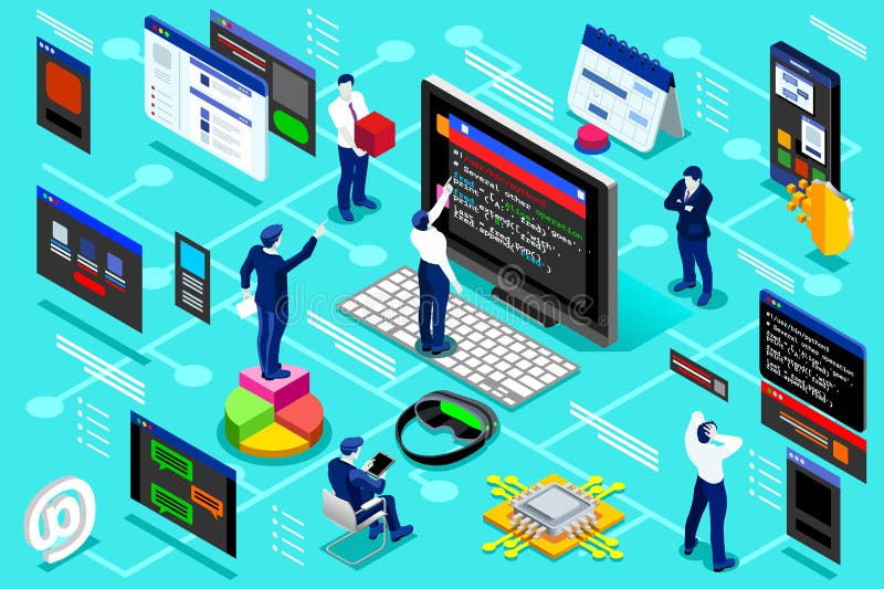 Programmerare Isometric Infographic för programvaruföretag stock illustrationer Programmerare Isometric Infographic för programvaruföretag stock illustrationer