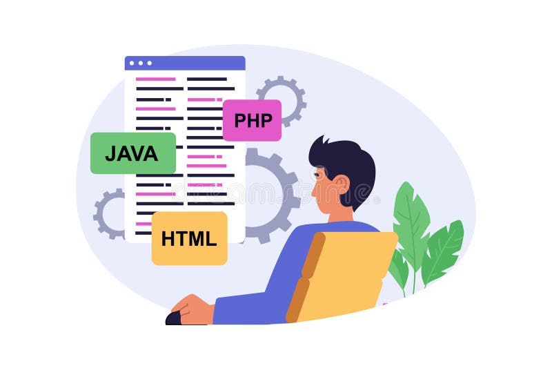Programmeringsconcept in modern vlak ontwerp voor web. Man die werkt met java php en html computertalen op het scherm royalty-vrije illustratie