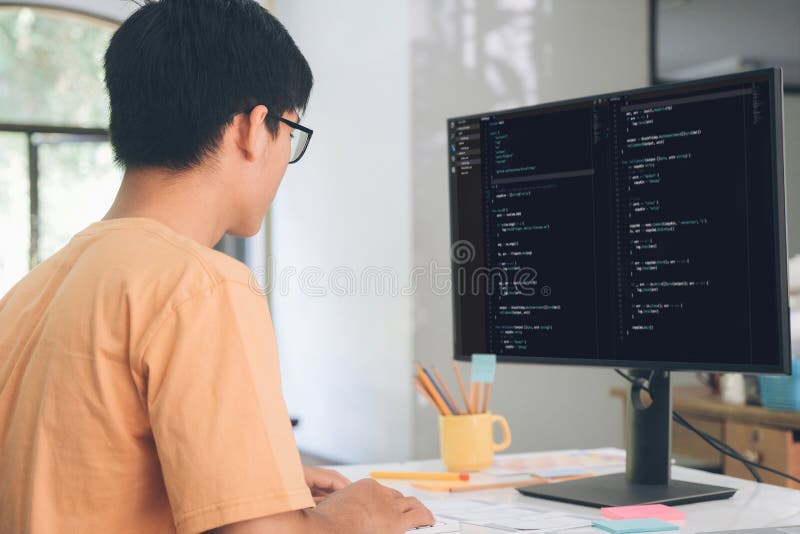 Programmers and developer teams are coding and developing software. Developing programming binary code stock images, royalty-free photos and pictures