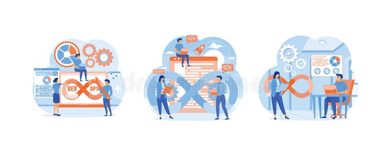 Programmers Practice Development and Software Operations. Software development operations workflow. stock illustration