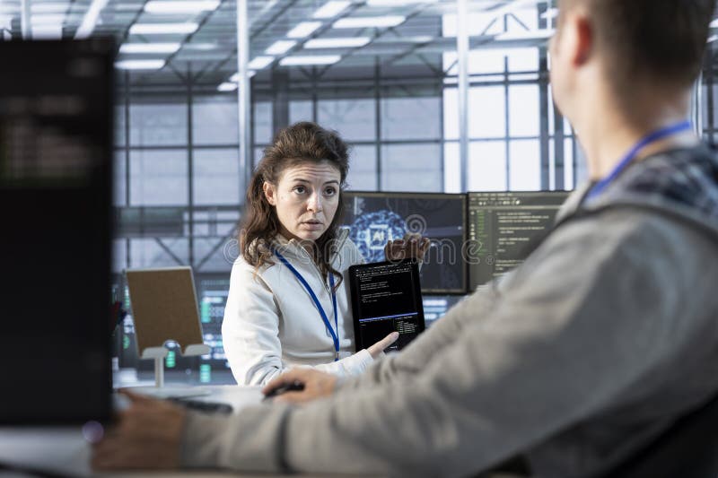 Server farm IT professionals configuring and testing hardware using device stock photo