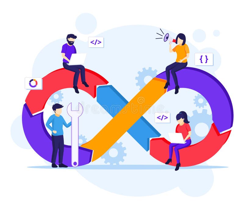 Programmers at work concept, software development with characters vector illustration