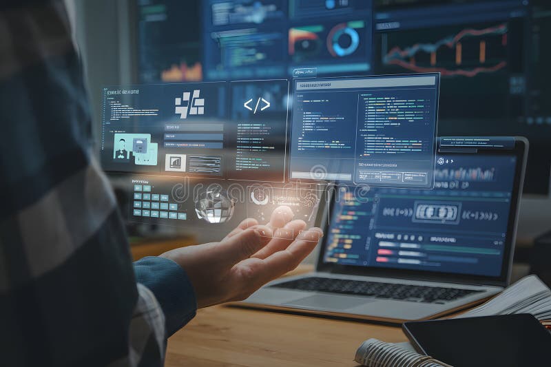 Programmeur aan het werk met moderne futuristische digitale interface technologie, schermen, data-analyse, webcode, programmeren o vector illustratie