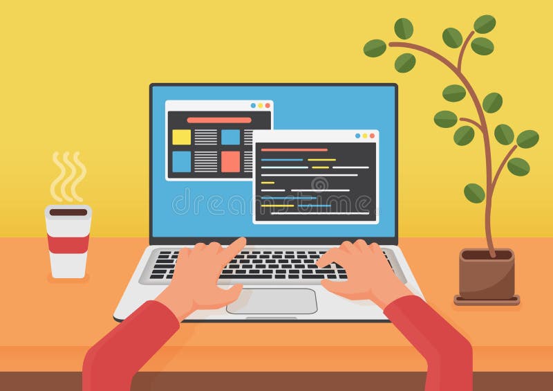 Programmierung, Web-Entwicklungs-Konzept kodierend Programmiererkodiererhände unter Verwendung des Laptops Code auf dem lapto Sch stock abbildung Programmierung, Web-Entwicklungs-Konzept kodierend Programmiererkodiererhände unter Verwendung des Laptops Code auf dem lapto Sch stock abbildung