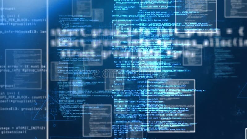 Programming code and data processing animation over blue digital background. Technology, coding. Code programming video