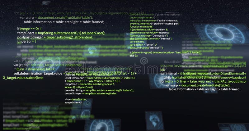 Programming code and data processing animation over digital interface with graphs programming code and data processing animation διανυσματική απεικόνιση
