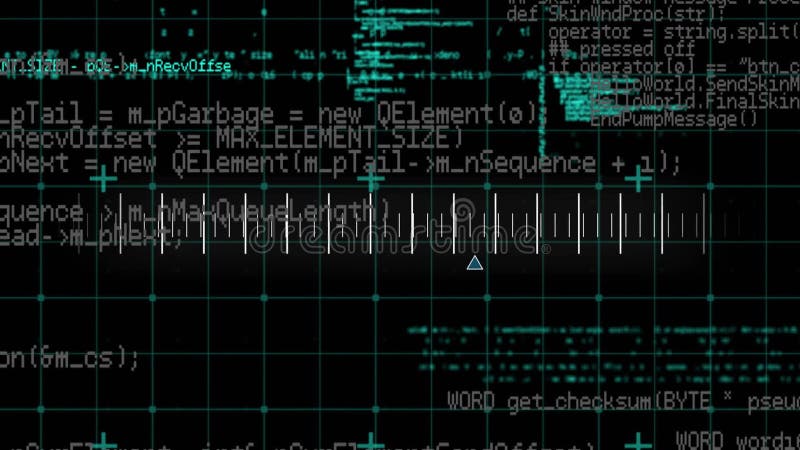 Programming code and data processing animation over grid background with text elements. Technology, digital, information, analysis, coding, software. Code programming video