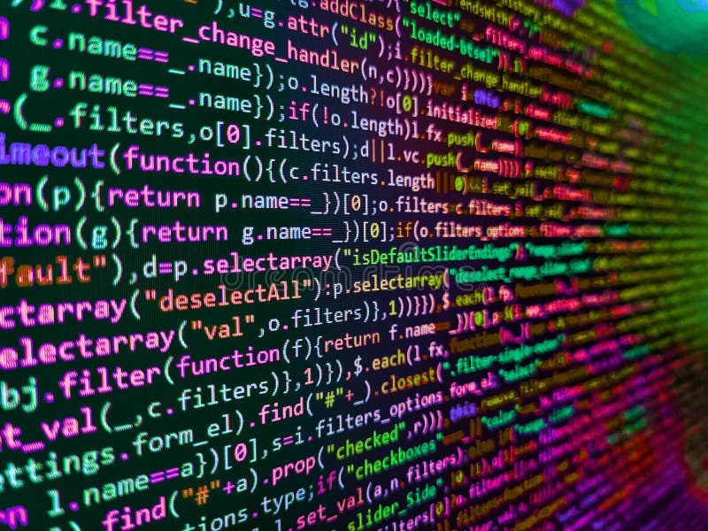 Programming code screen of software developer. Close up of computer web page code inside of html file. Python programming stock photography