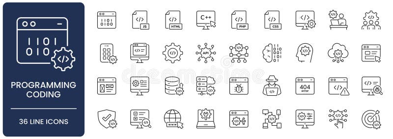 Vector line icon set of programming and coding, software engineering, code, web development, algorithm, application, and script language with editable stroke. Programming web language vectors
