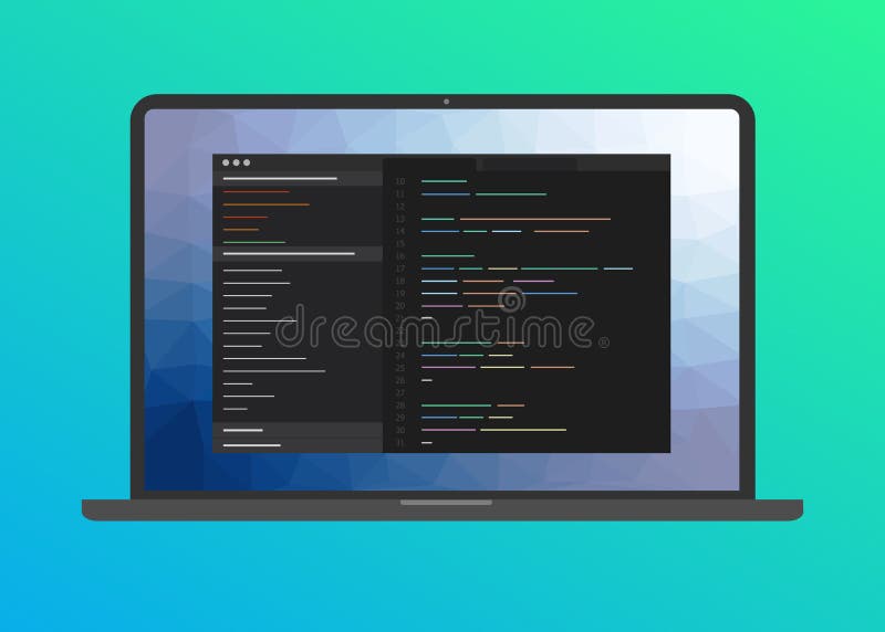 Programming and coding software, Web development vector flat icon. Program command code interface on screen of laptop. Digital web industry. Big data processing. Vector flat illustration. Software developer programming code vectors
