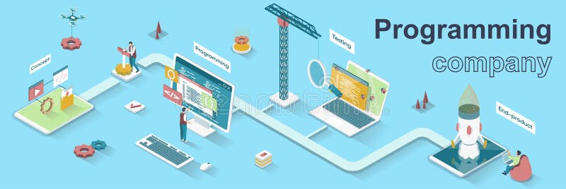 Programming company concept 3d isometric web banner. stock illustration