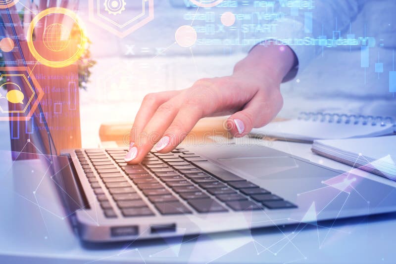 Programming, computing and web concept. Close up of hands using laptop on abstract background with HTML code. Double exposure. Source code script stock images, royalty-free photos and pictures