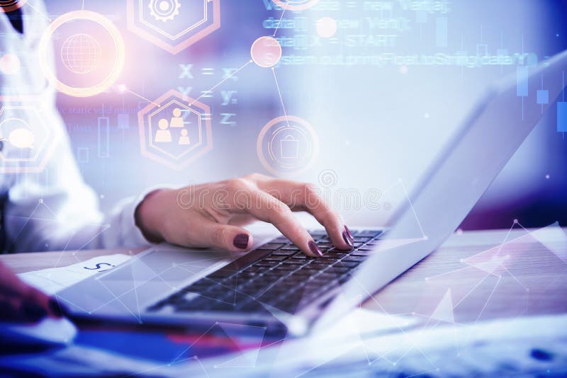 Programming, computing and website concept. Close up of hands using laptop on abstract background with HTML code. Double exposure. Source code script stock images, royalty-free photos and pictures