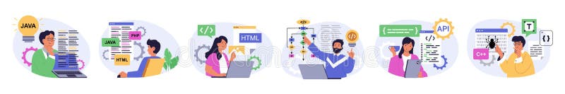 Programming concept set in flat design for web. Collection with people coding on computer or laptop on html, php, java stock illustration