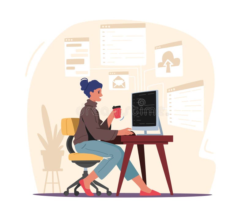 Programming Concept. Woman Programmer Make Site or Web Interface Project. Female Character Website Designer, Developer royalty free illustration
