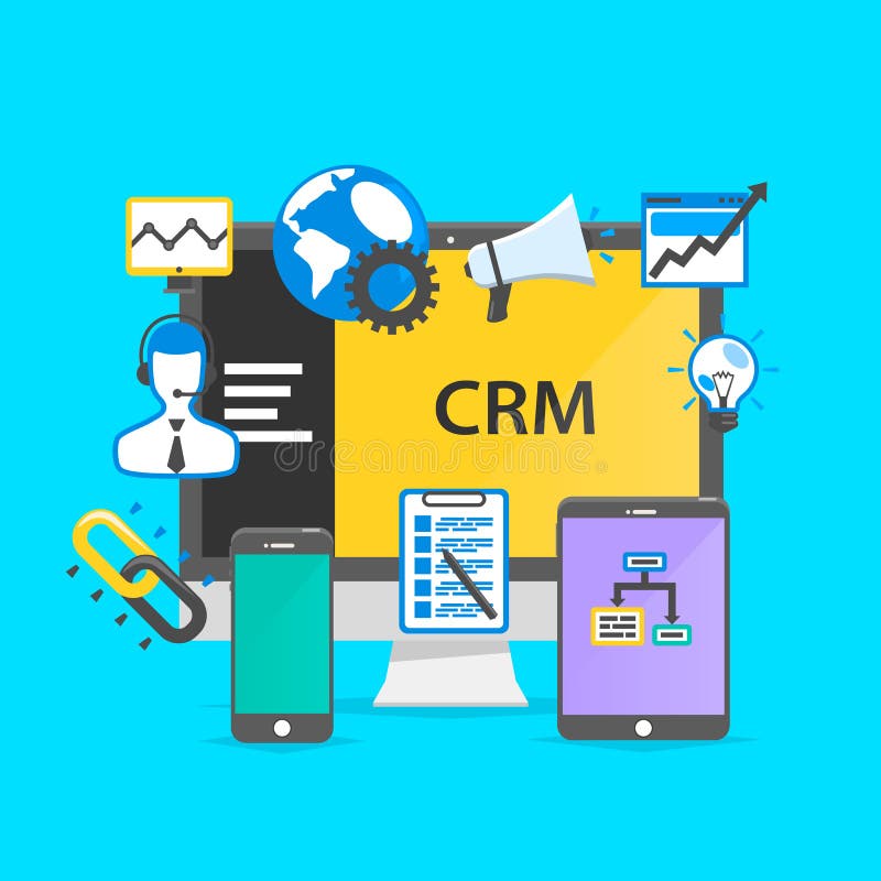 Programming crm icon set collage. Vector illustration. Customer relationship software banner vectors