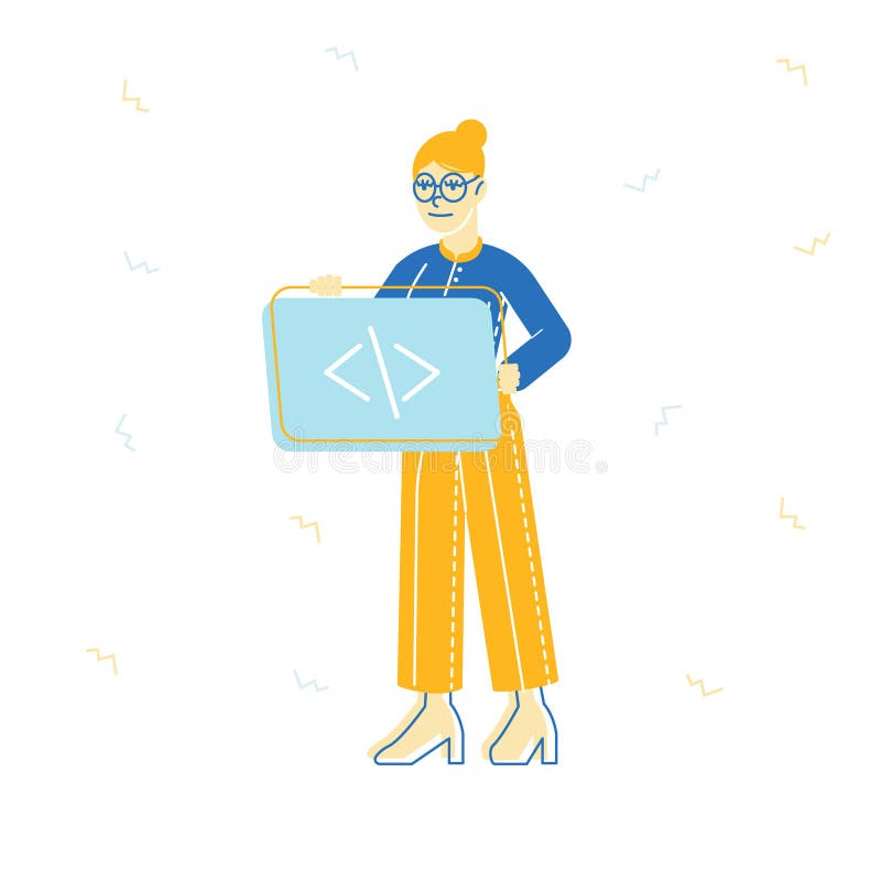 Programming and Css Html Front End Coding Concept. Tech Application Software Development Work. Woman Programmer stock illustration