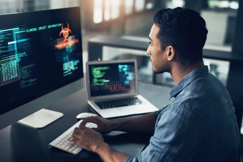 Programming, error and man with cyber security, typing and focus with digital software, scam and finance. Male person royalty free stock photos