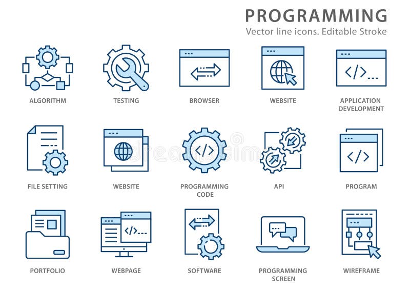 Programming line icon set. Vector illustration. Editable stroke stock illustration