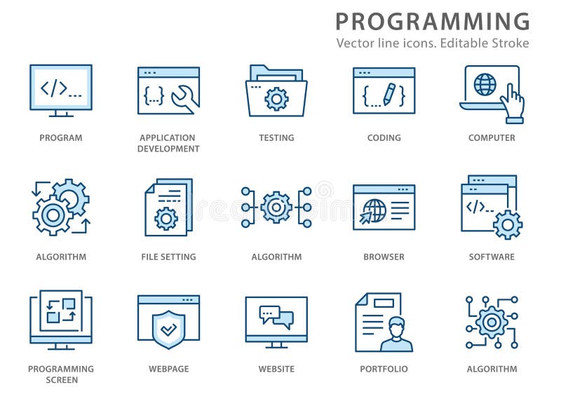 Programming line icon set. Vector illustration. Editable stroke vector illustration