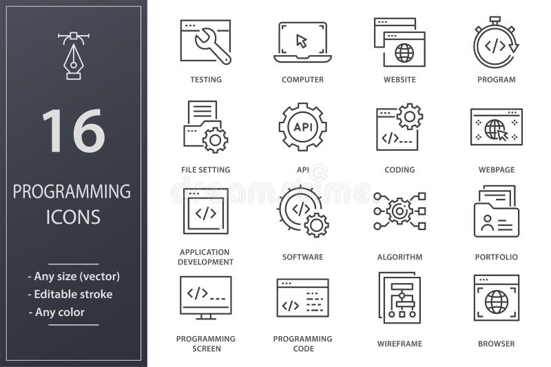 Programming line icons set. Black vector illustration. Editable stroke. vector illustration