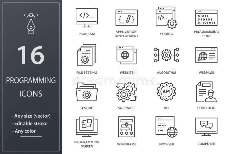 Programming line icons set. Black vector illustration. Editable stroke. stock illustration