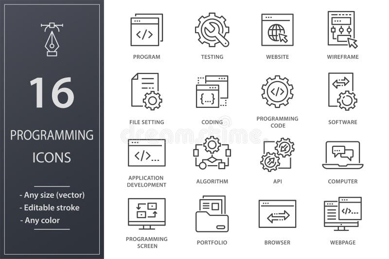 Programming line icons set. Black vector illustration. Editable stroke. royalty free illustration
