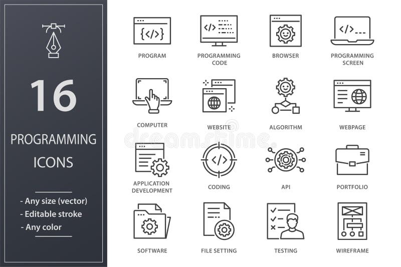 Programming line icons set. Black vector illustration. Editable stroke. royalty free illustration