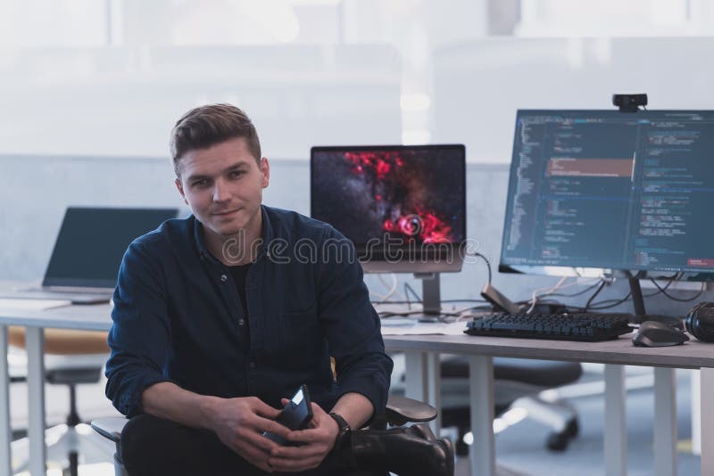 Programming. Man Working on Computer in it Office, Sitting at Desk ...