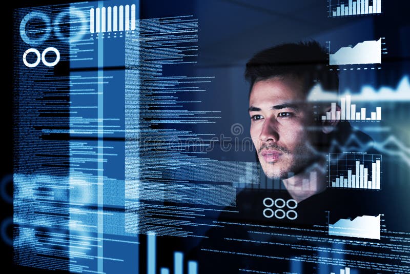 Programming requires razor-sharp focus. a focussed computer programmer working at his computer late at night. stock images