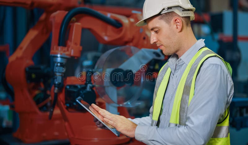 Programming robot controller, Programming robotic arms in factory industrial royalty free stock photography