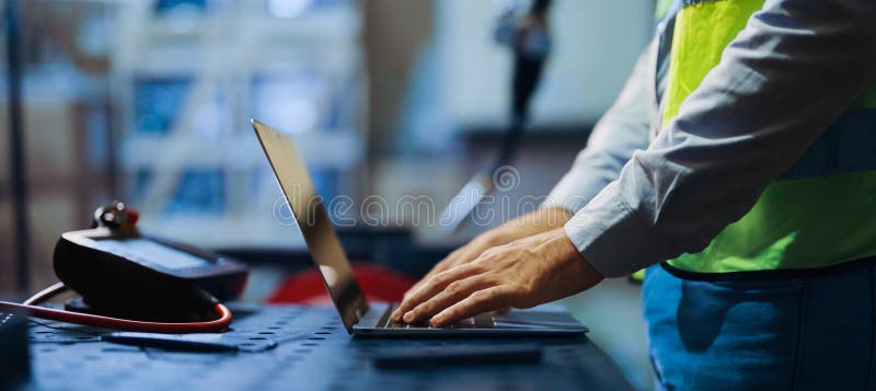 Programming robot controller, Programming robotic arms in factory industrial stock photography