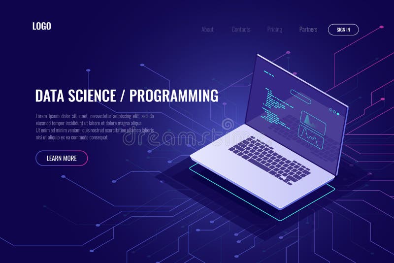 Programming and software development web page banner isometric icon, laptop pc with program code on screen, data vector illustration