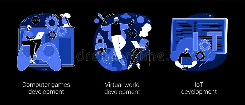 Programming team abstract concept vector illustrations. Computer games, virtual world and IoT development, VR graphic design, testing and deployment, Internet of things dark mode metaphor.