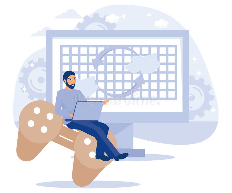 Programming team concept, Computer games, virtual world and IoT development, VR graphic design, testing and deployment, flat royalty free illustration