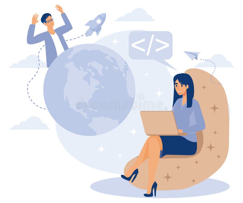 Programming team concept, Computer games, virtual world and IoT development, VR graphic design, testing and deployment, flat vector illustration