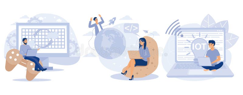 Programming team concept. Computer games, virtual world and IoT development, VR graphic design, testing and deployment, Internet royalty free illustration