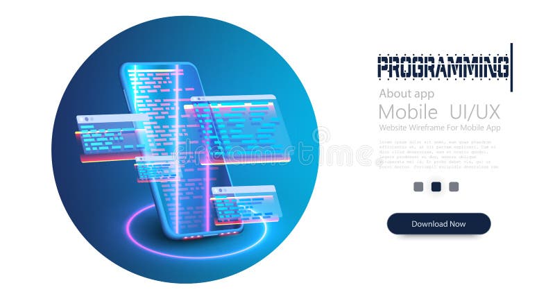 Programming web banner. Creation digital Software mobile, desktop platforms. Computer code on phone. Concept banner Best stock illustration